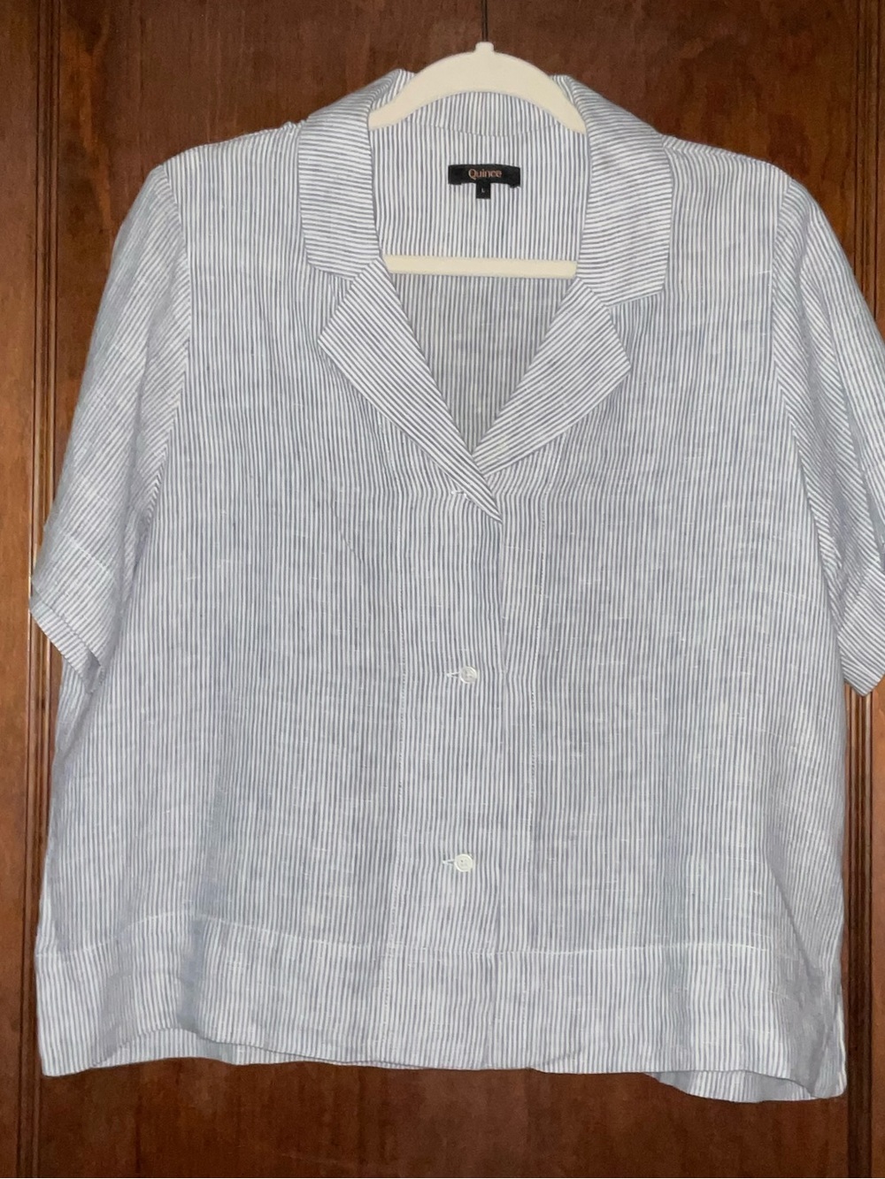 Quince Blue & White Pinstripe Camp-Collar Short Sleeve Top and matching Pant - Picture 2 of 5